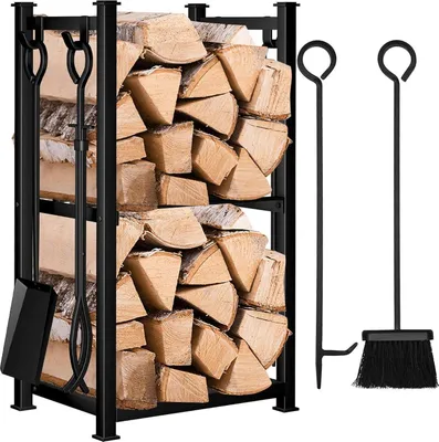 Zdjęcie produktu dla Stojak na drewno kominkowe z 4 narzędziami do kominka wewnątrz i na zewnątrz 72x46x30cm czarny