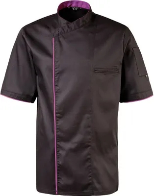 Produktbild von Kochjacke halbarm, Druckknöpfe, Fb. schwarz, Paspel purple, Gr. S : S : 65% Polyester 35%Baumwolle 220 g/m² : purple