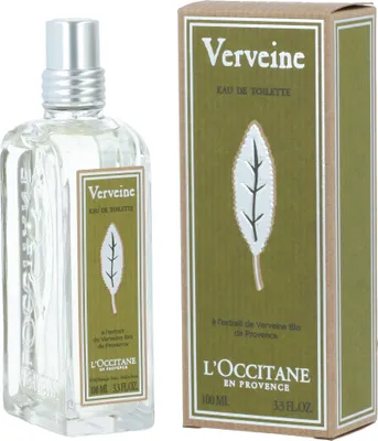 A bottle of L'Occitane Verveine Eau de Toilette and its packaging are shown against a white background.