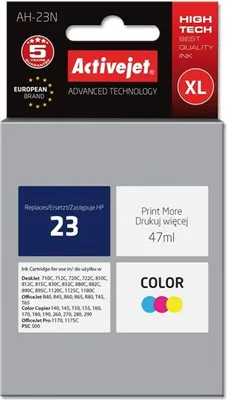 Zdjęcie produktu dla Activejet Tusz AH-23N (zamiennik HP 23 C1823D; Supreme; 47 ml; kolor), Wysoka (XL) wydajność, Cyjan, Purpurowy, Żółty, Atrament barwnikowy, 47 ml, 1 szt., Jednopak