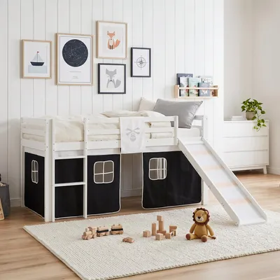Produktbild von Homestyle4u Hochbett 90x200 mit Rausfallschutz Kinder mit Rutsche Leiter Vorhang Pirat Massivholz Kiefer Weiß