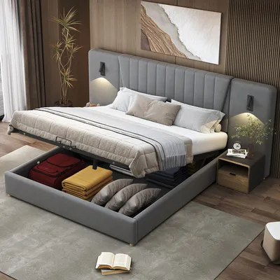 Image de OKWISH Lit Coffre 180x200 cm - Lit avec Lampe de Lecture Réglable, Port USB Intégré, Rangement Hydraulique, Velours Gris, Sans Matelas