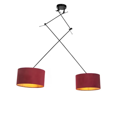 Produktbild von QAZQA - Klassisch I Antik Hängelampe I Pendellampe I Pendelleuchte mit Veloursschirmen rot mit Gold I Messing 35 cm - Blitz II schwarzI 2-flammig I Wohnzimmer I Schlafzimmer - Textil Zylinder I Längli