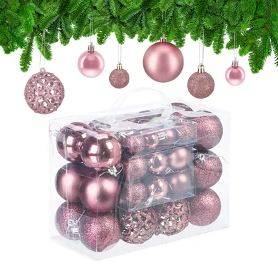 Obrázok produktu pre Relaxdays Vianočné gule, sada 50 ks, trblietavé, matné a lesklé vianočné gule, plast, ∅ 3, 4 a 6 cm, ružové