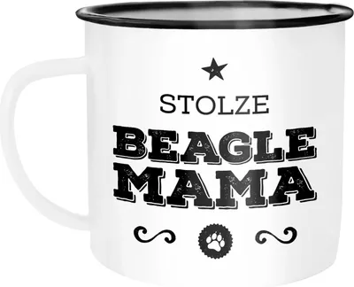 Produktbild von Emaille Tasse Becher Stolze Hunde-Mama Hunde Besitzerin Hundebesitzer Rassen Kaffeetasse Moonworks® Beagle weiß-schwarz unisize