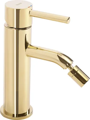 A close-up studio shot of a gold bidet faucet against a white background.