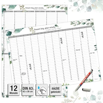 Produktbild von Geburtstagskalender DIN A3 immerwährend abwischbar inkl. Stift - beidseitig Hoch & Quer, Eukalyptus