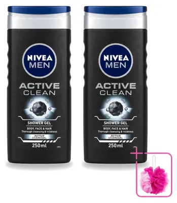 Immagine prodotto di 2 flaconi di gel doccia Nivea Men Active Clean - 250 ml ciascuno - confezione risparmio - 2 pezzi