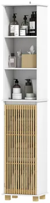Produktbild von Badezimmers?ule, Badezimmerschrank mit Bambuslamellentš¹r und offenen F?chern, wei?