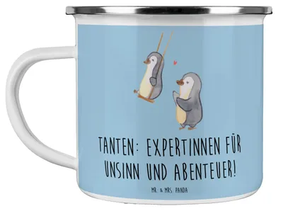 Produktbild von Mr. & Mrs. Panda Teetasse Tante Abenteuer - Blau Pastell - Geschenk, Dankeschön, Haferl, Pott, Liebe, Neffe, spielen, Verwandte, Emaille Becher, Tasse, Nichte, Teebecher