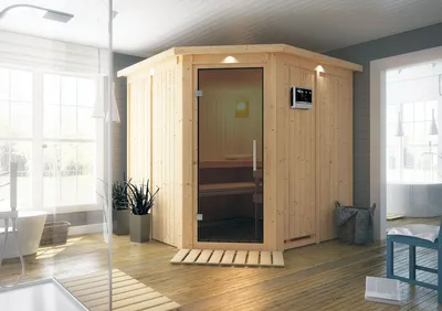 Produktbild von Karibu Sauna Innensauna Jarin Eckeinstieg Ofen 9 kW  externe Strg easy 210x210x202 cm mit Dachkranz mit Graphittür