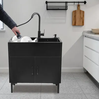 Produktbild von Spülenschrank - Spülbecken 75 x 41 cm - Doppelbecken - Edelstahl - Mit ausziehbarer Armatur - Freistehend - Schwarz