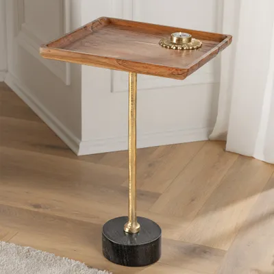 Produktbild von riess-ambiente Design Beistelltisch TRAYFUL 55cm natur Akazie Massivholz schwarzer Marmorfuß gold Metall Couchtisch Tisch