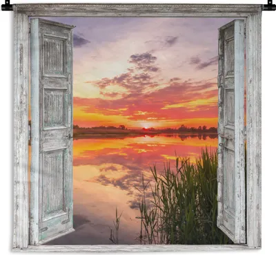 Produktbild von MuchoWow® Wandteppich Wandbehang Landschaft - Sonnenuntergang - Wasser - Aussicht 90x90 cm Tapisserie Dekoration Wandtuch - Wandaufhänger