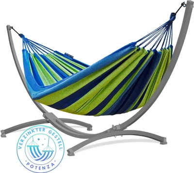 Produktbild von Potenza Outdoor Hängematte mit Verzinkter Gestell für 2 Personen I Baumwolle Doppelhängematte XXL 220x160, 200kg I Grau Hängemattengestell 220kg, wetterfest