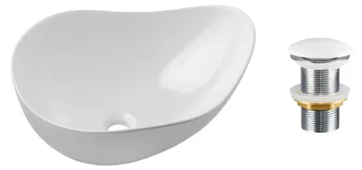 Produktbild von Asymmetrisches Aufsatzwaschbecken 51x39 cm in glänzendem Weiß aus Keramik mit Klick-Klack-Ablauf