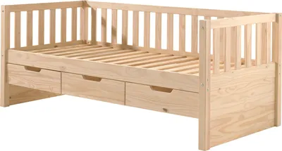 A wooden bed frame with three drawers underneath.