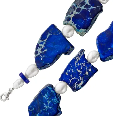 Produktbild von Kette weiße Süßwasserzuchtperlen blauer Natur Jaspis Silber 925 46