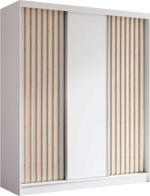 Produktbild von AGMAT Schwebetürenschrank Nevada, Kleiderschrank mit 3 Türen und 2 Schubladen, Moderne Garderobe in Farbe: Weiß, Schrank in Größe: 180 x 216 x 61 cm