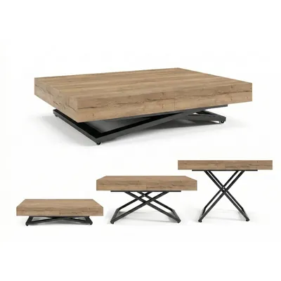 Image de Table Basse Relevable et Extensible SANDI 120x80/200 cm – Table Basse avec Réglage de Hauteur – Table de Salon Style Loft -  Chêne Halifax/Noir