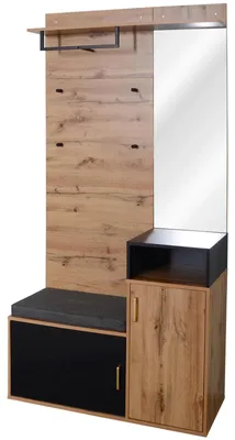 Immagine prodotto di Set per guardaroba da ingresso: armadio con specchio e panca, 4 ganci, mobiletto per scarpe, appendiabiti a parete, pensile – 104×38,5×190 cm – nero