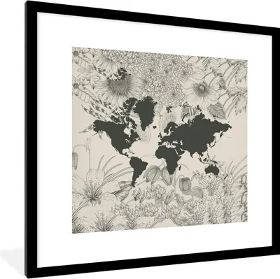 Produktbild von MuchoWow® MuchoWow® Gerahmtes Poster Weltkarte - Grau - Blume 40x40 cm - Poster mit zchwarzem Bilderrahmen - Poster - Plakat im Rahmen