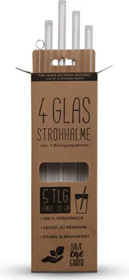 Produktbild von Nachhaltige Glas Strohhalme ( 4 Trinkhalme + 1 Reinigungsbürste ) Transparent 20cm - Glashalm wiederverwendbar, Stabil und Bruchfest