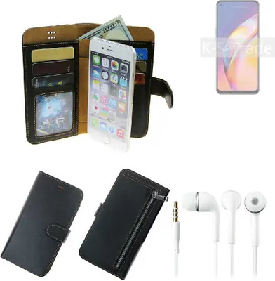 Produktbild von TOP SET Handy Hülle Schutz Hülle kompatibel mit Oppo F19 Pro+ 5G  schwarz aus Kunstleder + Kopfhörer Smartphone Tasche vollwertige Geldbörse