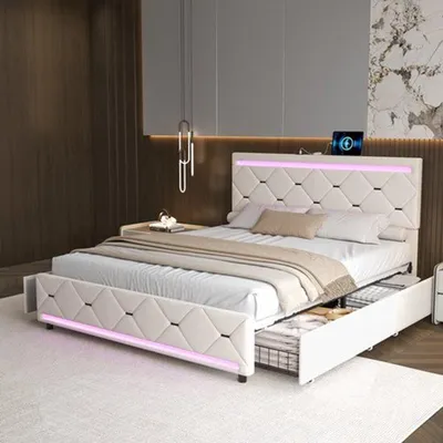 Immagine prodotto di Letto imbottito con contenitore - 160x200 cm - Tessuto velluto - Struttura in metallo - Testiera con illuminazione LED - Quattro cassetti