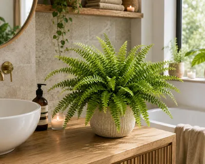 Produktbild von Nephrolepis Green Lady Farn ca. 40 cm Ø 60 cm Schwertfarn Zimmerfarn Grünpflanze Zimmerpflanze für Bad Wohnzimmer Büro, KI-generiertes Bild