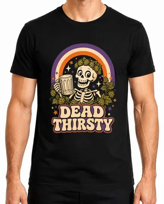 Productafbeelding van "Dead Thirsty Skelett Bier Hopfen Retro Trachtenshirt Lederhose Heren T-shirt, Zwart, Maat S"