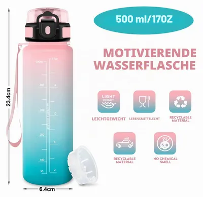 Produktbild von Trinkflasche 500ml Auslaufsicher mit Zeitmarkierung, BPA-frei, Fitness