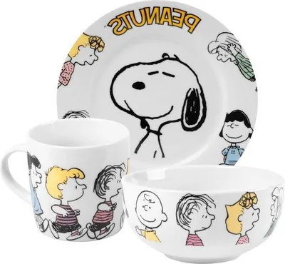 Produktbild von Famanu Frühstücksset Snoopy Family - 3-teiliges Porzellan Geschirrset in Weiß