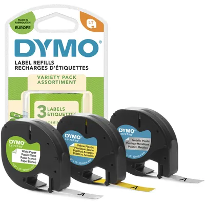 Produktbild von DYMO Original LetraTag Etikettenband | Papier/Kunststoff/Metall | 12 mm x 4 m | selbstklebendes Etiketten | für LetraTag-Beschriftungsgerät | 3 Etikettenkassetten