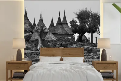 Produktbild von MuchoWow® Fototapete für Wohnzimmer oder Schlafzimmer Wandtapete Vinyl Motivtapete Traditionelle Häuser - schwarz und weiß - 220x220 cm - Tapeten