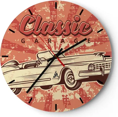 Produktbild von Wanduhr - Rund - Glasuhr - Auto klassisch - 30x30cm - Schleichendes Uhrwerk - Lautlos - zum Aufhängen bereit - Dekoration Modern - Wanddekoration aus Glas - C3AR30x30-4090