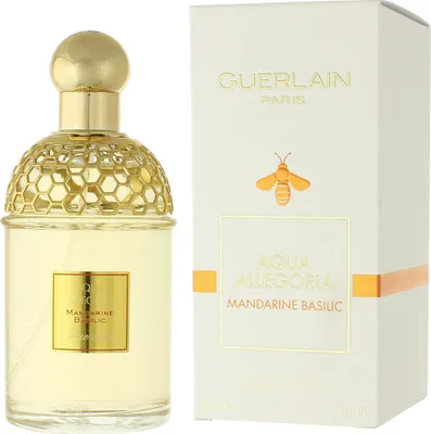 A bottle of Guerlain Aqua Allegoria Mandarine Basilic perfume and its packaging.