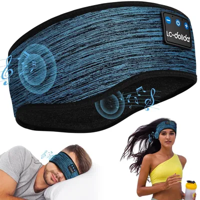 Zdjęcie produktu dla Słuchawki do spania Bluetooth, przeznaczone dla osób śpiących na boku, z oddychającą opaską na czoło, kolor niebieski, rozmiar L