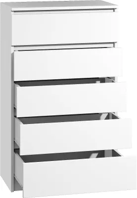 A white, five-drawer chest of drawers is shown against a white background.