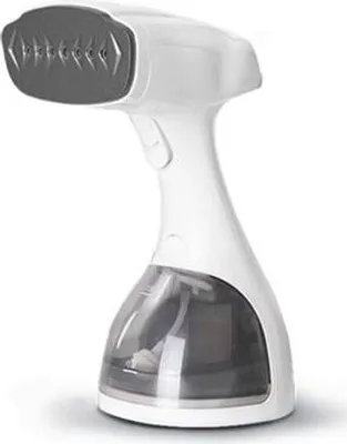 A white handheld garment steamer against a white background.