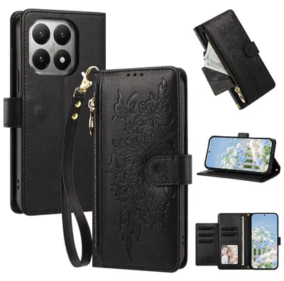 Produktbild von Handyhülle für Xiaomi 15T, Wallet Case Kunstleder mit Kartenfächern, Reißverschluss und Handschlaufe Schwarz