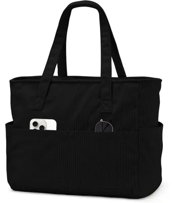 Productafbeelding van Grote handtas met laptopvak, shopper voor dames, corduroy, zwart, 45x33x16 cm
