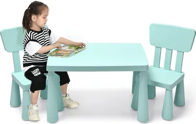 Produktbild von GOPLUS Kindersitzgruppe aus Kunststoff, Kindertisch mit 2 Stühlen, Stuhl mit Rückenlehne, mit Runden Kanten, Einfarbiges Design, für Junge und Mädchen, für Kinderzimmer (Grün)