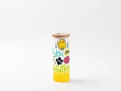Produktbild von Glas für Sublimation in YELLOW mit Bambus Deckel - 500ml - satiniert