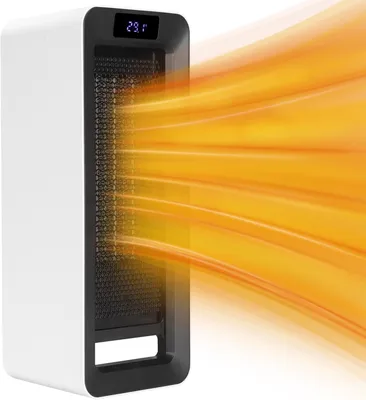 A white and black electric heater is shown emitting orange heat waves.