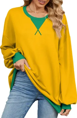Produktbild von ASKSA Damen Sweatshirt Oversized Farbblock Rundhals Casual Langarmshirt Oberteile Herbst Y2K Shirt (Gelb,M)