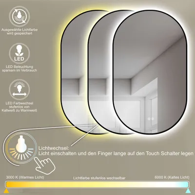 Produktbild von HOKO LED Ovalspiegel mit Metallrahmen 45x75 cm Warmweiß & Kaltweiß Anti-fog Badezimmer & Flur Touch-Sensor & Memory-Funktion