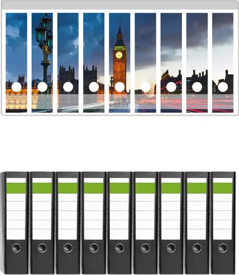 Produktbild von Wallario 9 Stück breite Ordner inkl. Klebeetiketten mit Motive London- Big Ben bei Nacht -  Set mit Rückenschildern / Ordnerrücken Stickern