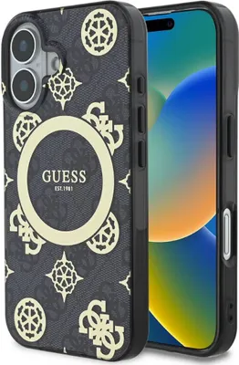 Produktbild von Guess, Schutzhülle für iPhone 16 mit Pfingstrose 4G MagSafe, Schwarz