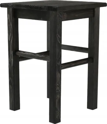 A dark wooden stool on a white background.